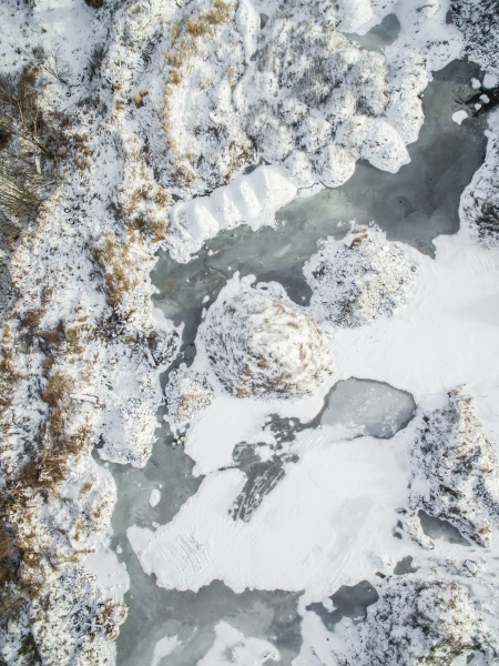 aerial view of snowy rocky landscape
