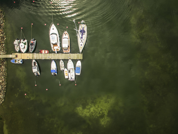aerial view of boats moored in
