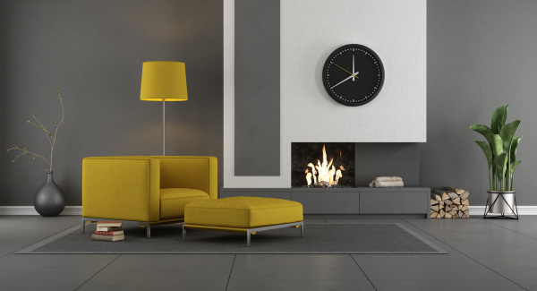 gray and yellow modern living room