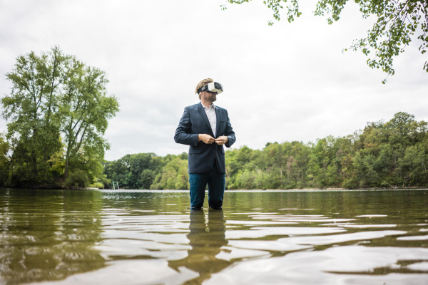 businessman standing in a lake wearing