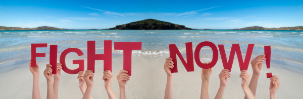 People Hands Holding Word Fight Now Ocean Background  Stock image