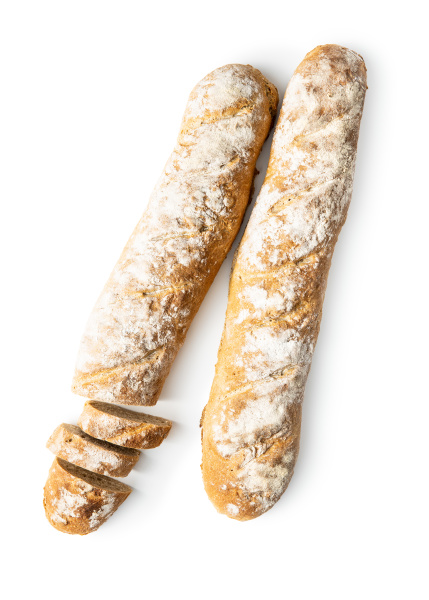 two fresh whole grain bread baguettes