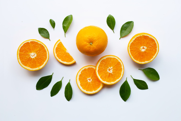 fresh orange citrus fruit with leaves