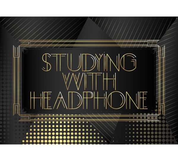 art deco studying with headphone text