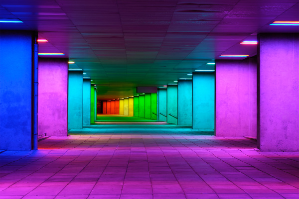 colorful mulitcolord illuminated gallery tunnel near