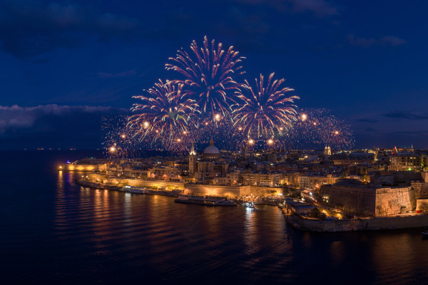 aerial view of fireworks over valletta