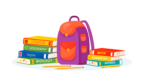 pupil rucksack and textbooks flat concept