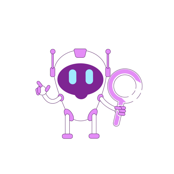 cute modern robot with magnifying glass