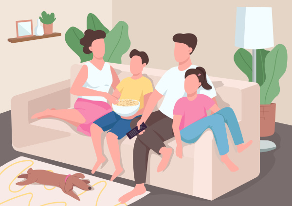 family watch tv flat color vector