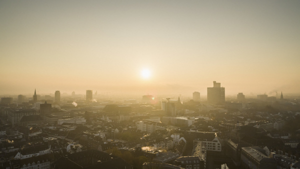 sunset over duesseldorf cityscape north