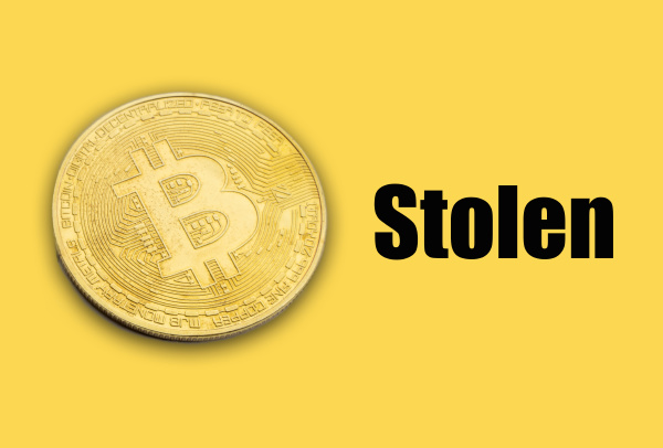 bitcoin stolen text on yellow background