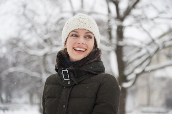 portrait of laughing woman in winter