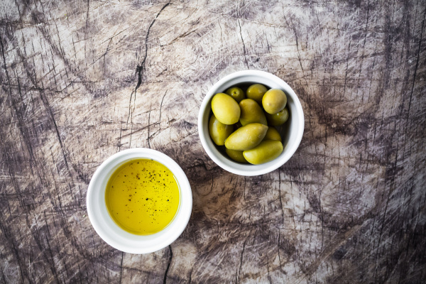 bowls of olive oil and fresh