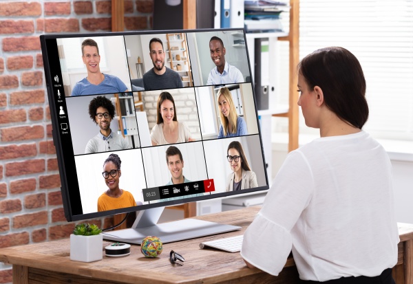 businesswoman video conferencing with businessman