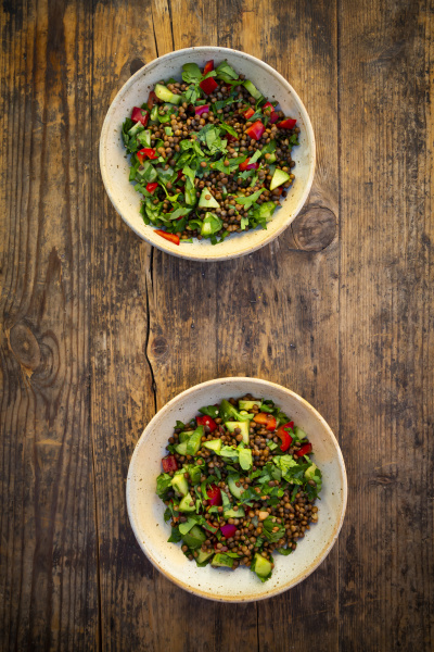 bowls of vegan lentil salad with