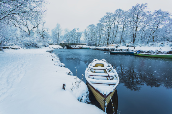 small boat covered in snow on