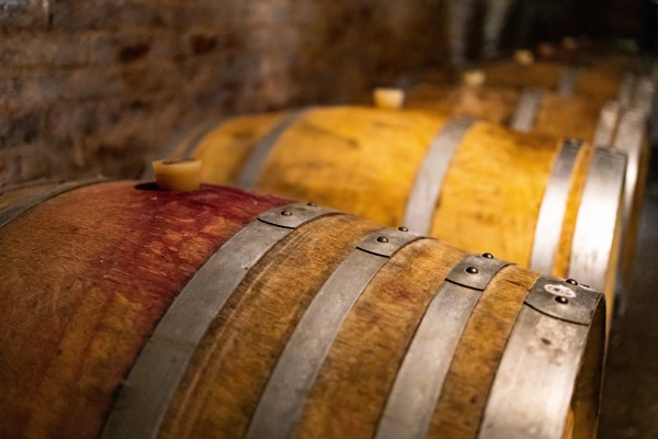 wine in wooden barrels is stored