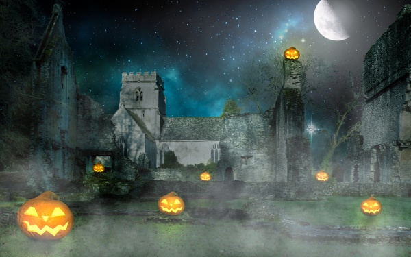 scary halloween pumpkin lanterns in front