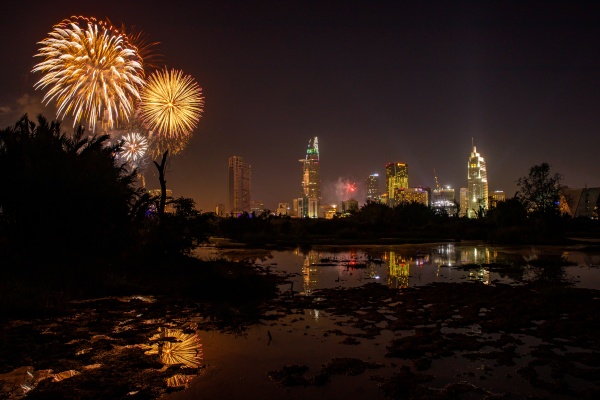 fireworks over the city of saigon