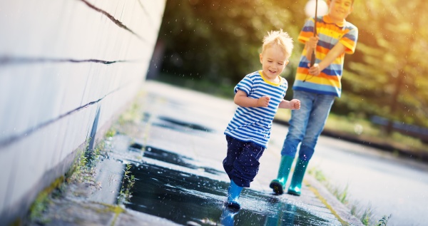 children walking in wellies in puddle