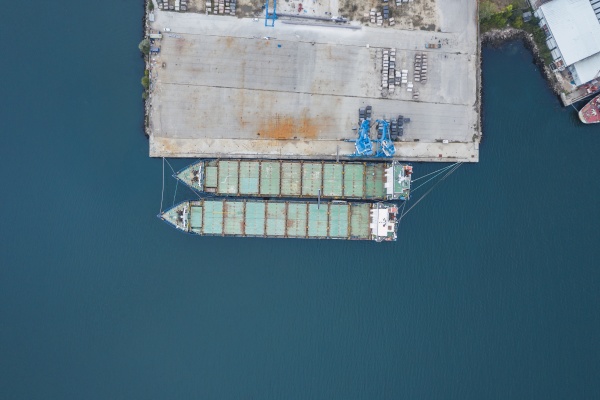 drone view of container ships moored