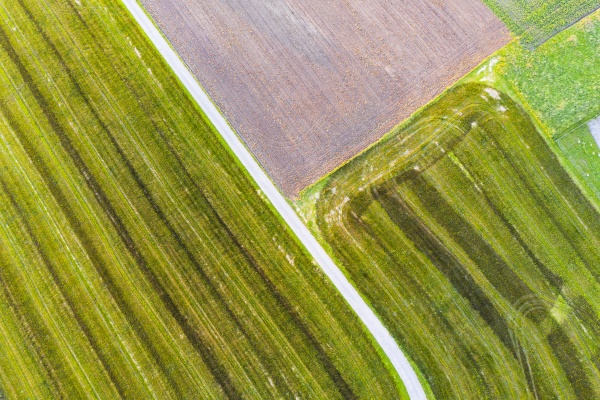 drone view of dirt road stretching