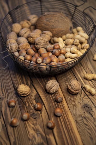 still life with hazelnut peanuts walnut