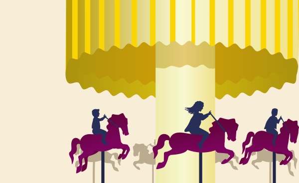 three people riding on carousel horses