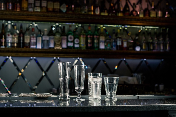 bar counter with empty glasses