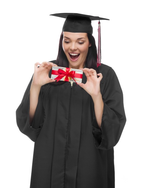 female graduate holding stack of gift