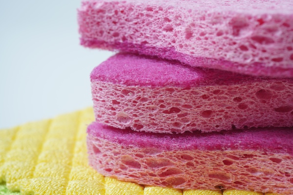 pink cleaning sponges and multicolor