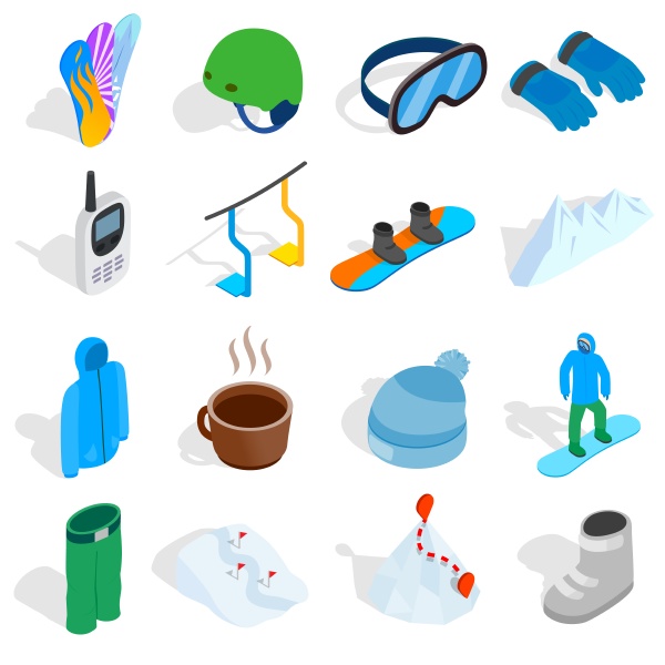 snowboard icons set isometric 3d
