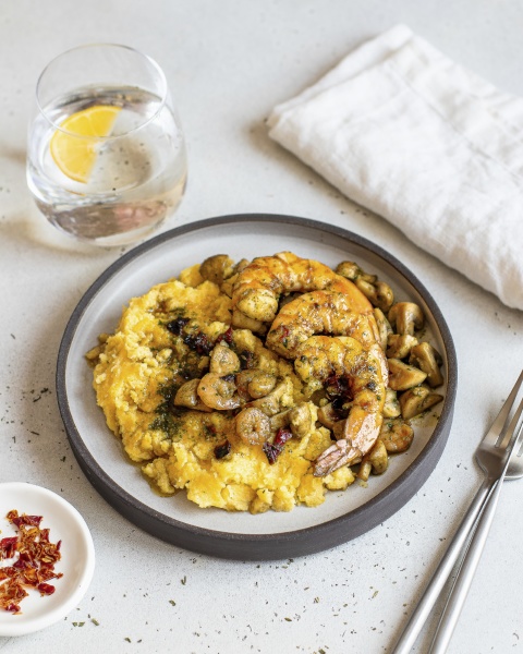 polenta with mushrooms and shrimps