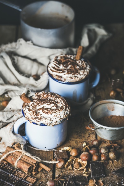 hot chocolate in blue mugs with