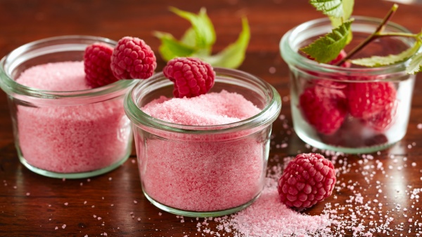 homemade raspberry sugar in glass jars