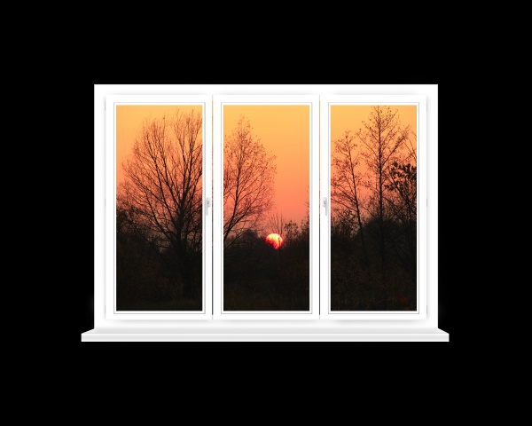 white window with sunset beyond isolated