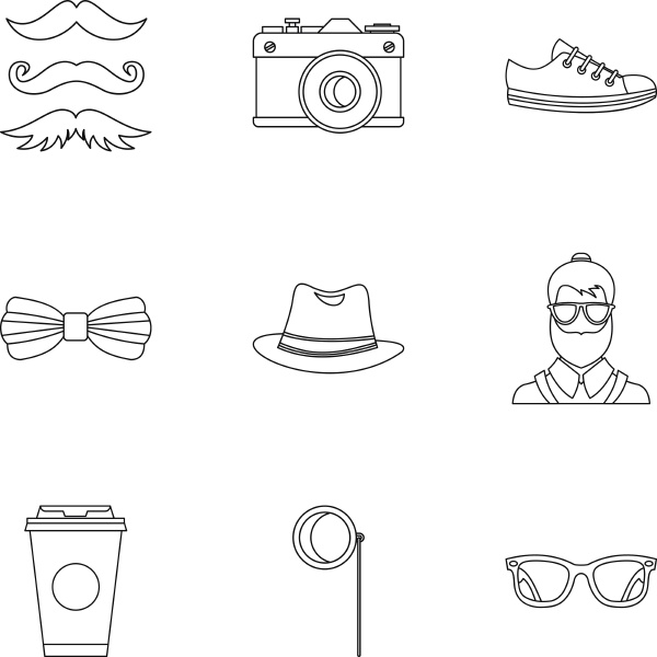 hippie icons set outline style