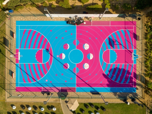 aerial view of colourful basketball court