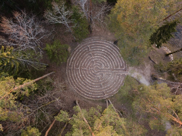 aerial view of stone labyrinth near
