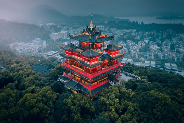 aerial view of chenghuang pavilion on