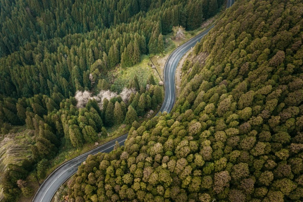 aerial view road winding through the