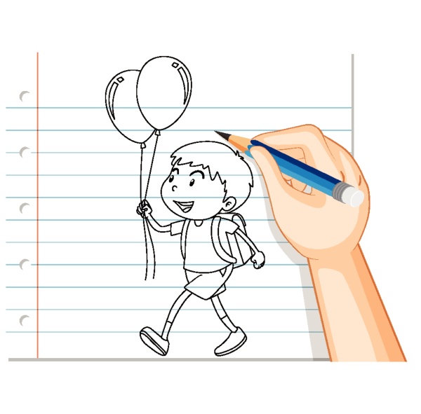 hand writing of boy holding balloon