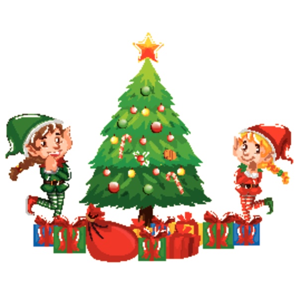 two christmas elves and christmas tree