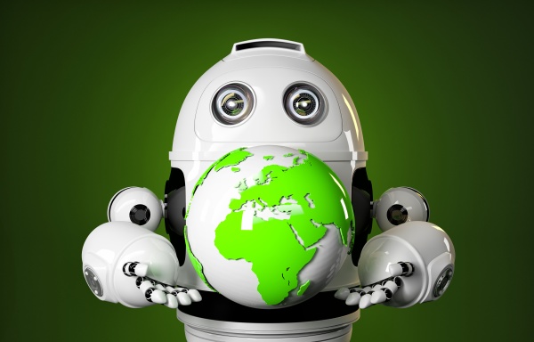 robot holds earth globe