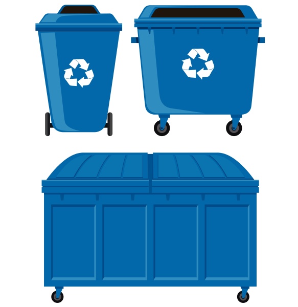 blue trashcans in three different sizes