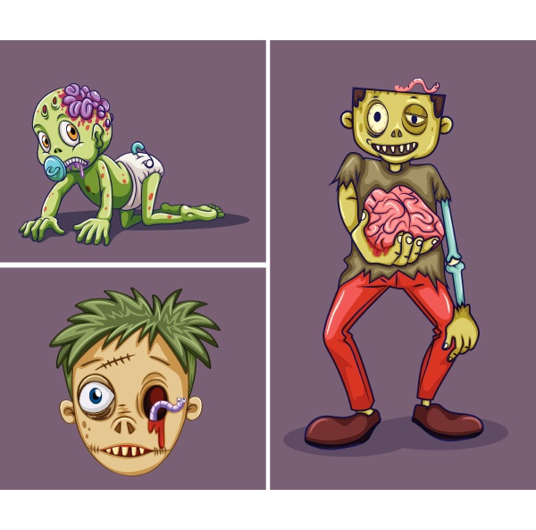 three zombies on gray background