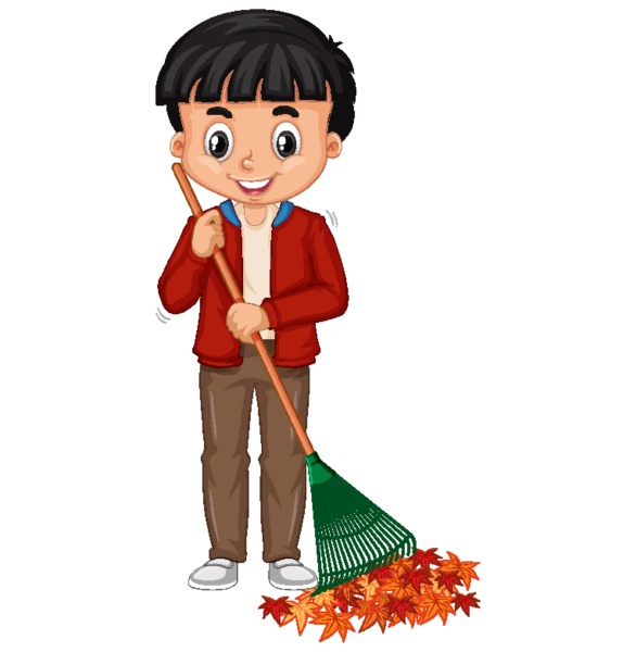 boy raking leaves on white background