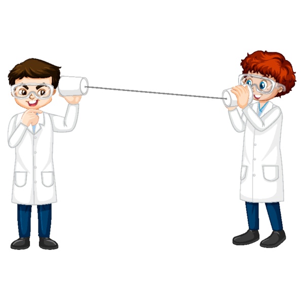 two scientist boy doing string phone
