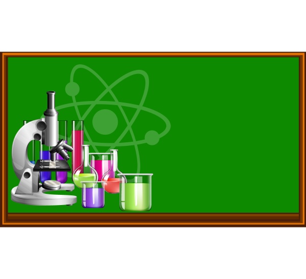 science equipment and blackboard