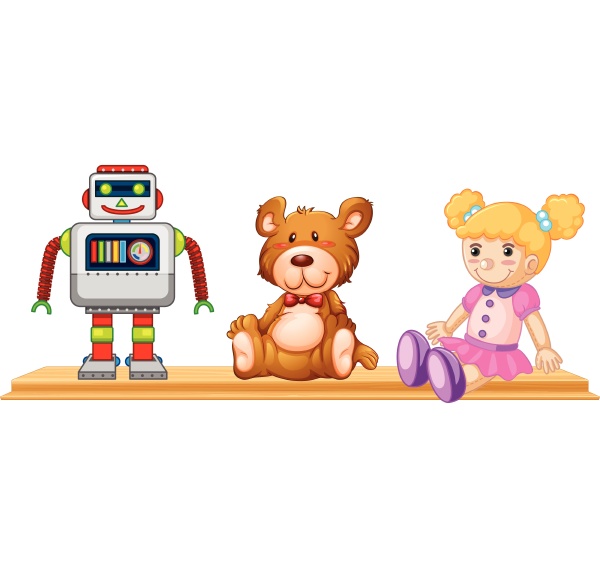 robot and dolls on wooden shelf